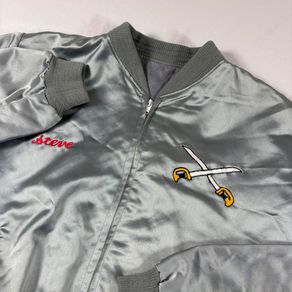 Vintage Osan AB Korea Base Honor Guard Satin Bomber Jacket Silver Steve Large